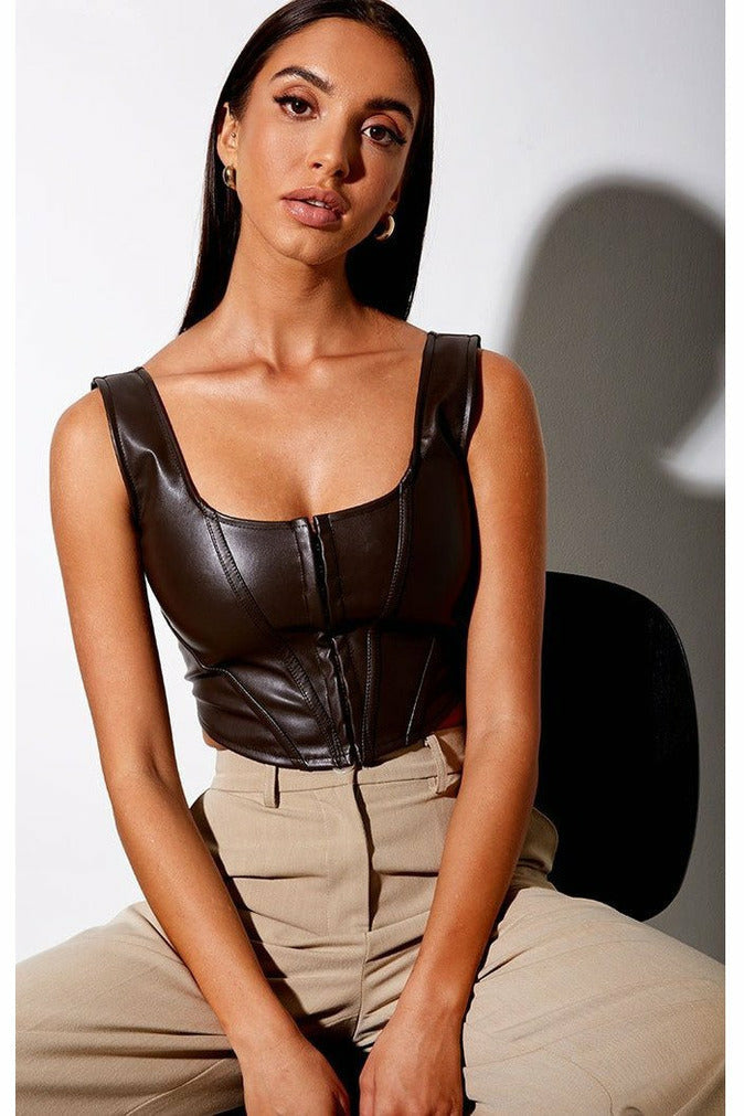 Brown Faux Leather Bustier Coco Top