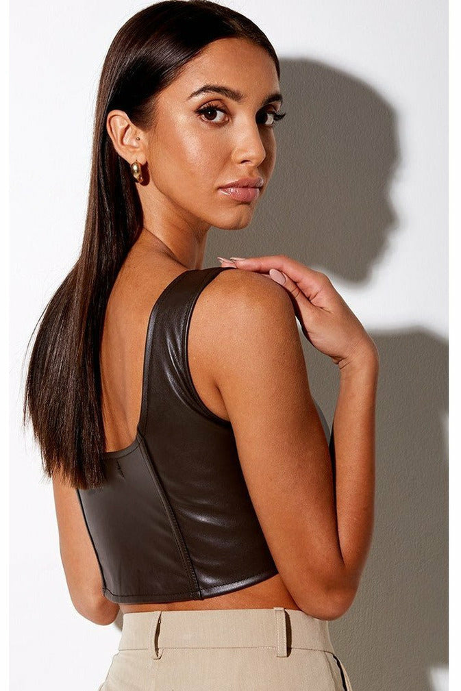 Brown Faux Leather Bustier Coco Top Tops Motel Rocks   